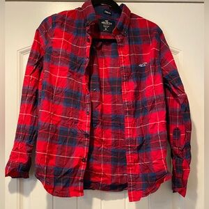 Hollister Mens Red/Blue Flannel Epic Flex Stretch Long Sleeve Button Up- Small
